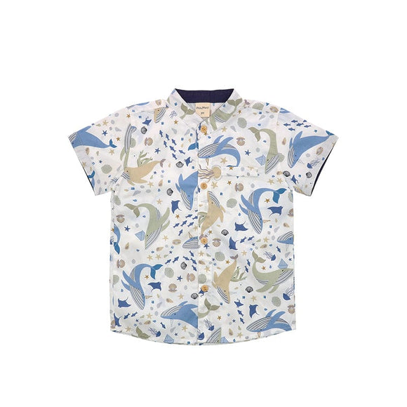 Mandarin Collar Shirt - Ocean Wonderland (White)