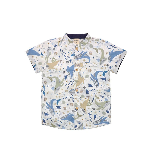 Mandarin Collar Shirt - Ocean Wonderland (White)
