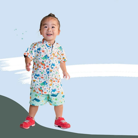 Mandarin Collar Boy Shirt - Hello Dino (White)