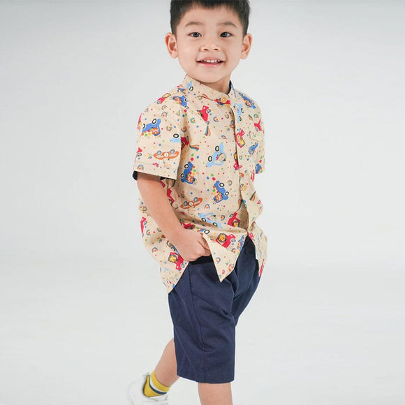 Mandarin Collar Shirt - Animals In Cars (Khaki)
