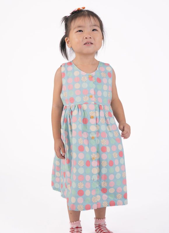 Button Down Colourful Maru Girl Dress - (Blue)