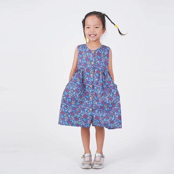 Button Down Ditsy Flower Girl Dress - (Blue)