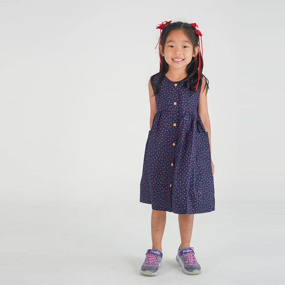 Button Down Petite Roses Girl Dress - (Navy)