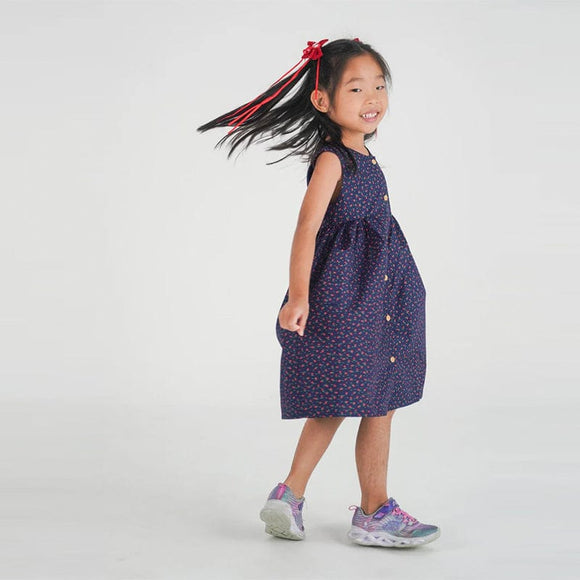 Button Down Petite Roses Girl Dress - (Navy)