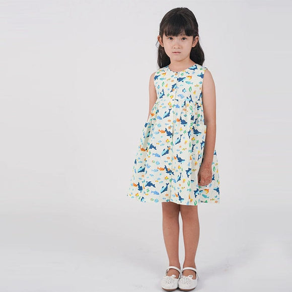 Button Down Shark & Fishes Girl Dress - (White)