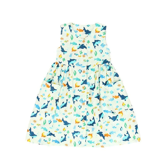 Button Down Shark & Fishes Girl Dress - (White)