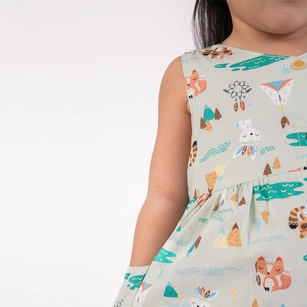 Button Down Tribal Racoons Girl Dress - (Mint Green)
