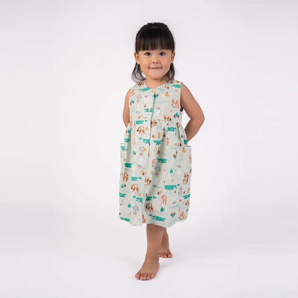 Button Down Tribal Racoons Girl Dress - (Mint Green)