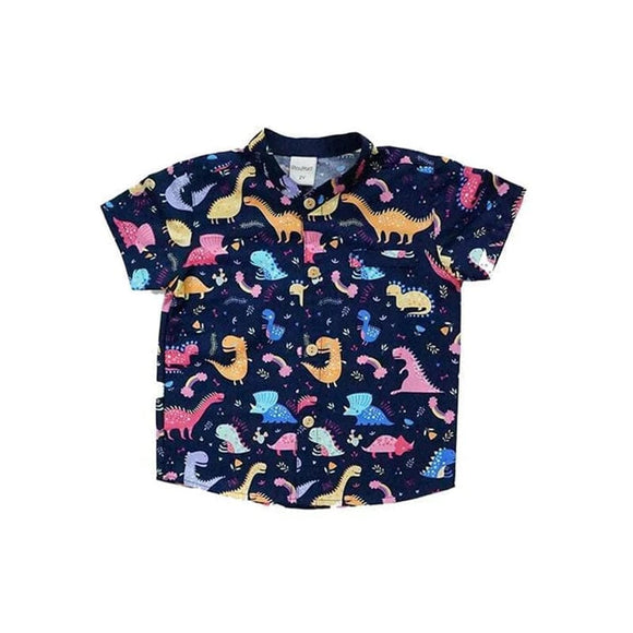 Mandarin Collar Shirt - Dino & Rainbow (Navy)