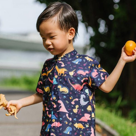 Mandarin Collar Shirt - Dino & Rainbow (Navy)