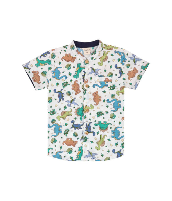 Mandarin Collar Shirt - Dinosaurs & Stars