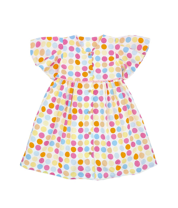 Flutter Sleeve Button Down Colourful Maru Girl Dress - (White)