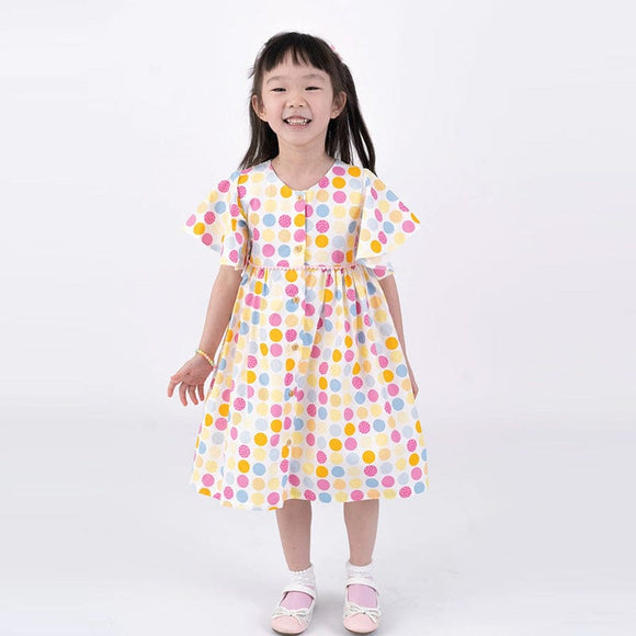 Flutter Sleeve Button Down Colourful Maru Girl Dress - (White)