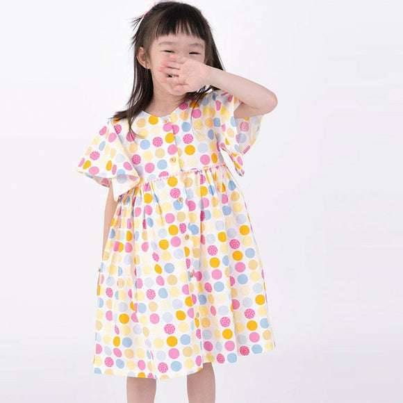 Flutter Sleeve Button Down Colourful Maru Girl Dress - (White)