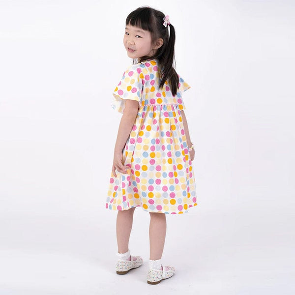 Flutter Sleeve Button Down Colourful Maru Girl Dress - (White)