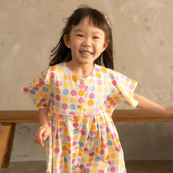 Flutter Sleeve Button Down Colourful Maru Girl Dress - (White)
