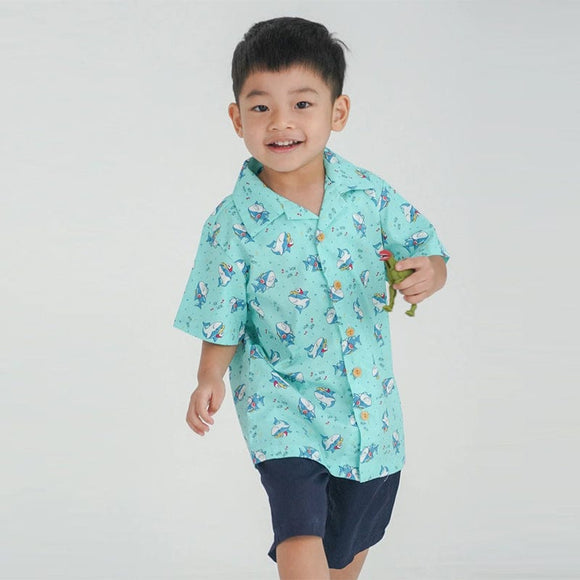 Aloha Boy Shirt - Hippy Sharks (Mint Green)