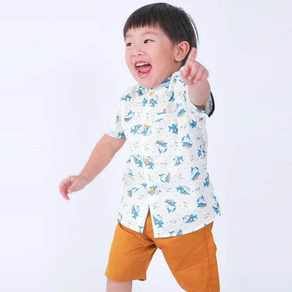 Mandarin Collar Boy Shirt - Hippy Sharks (White)