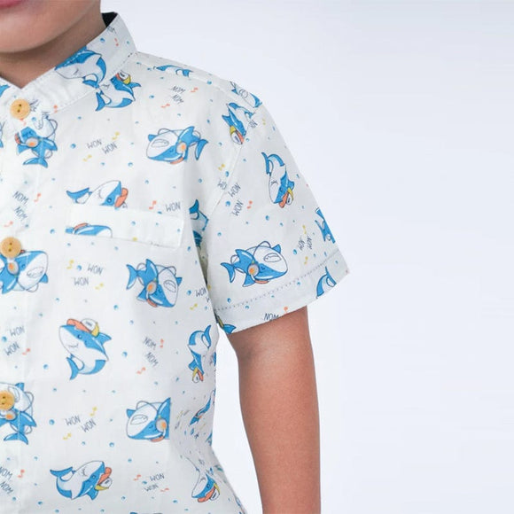 Mandarin Collar Boy Shirt - Hippy Sharks (White)