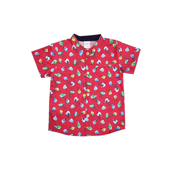 Mandarin Collar Boy Shirt - Little Birdies (Red)