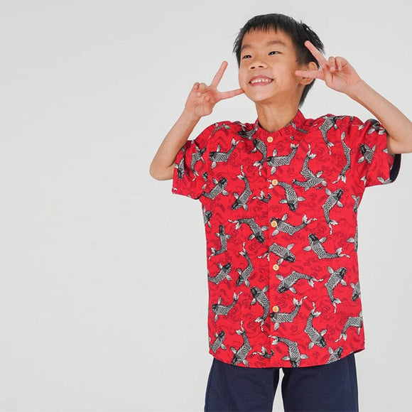 Mandarin Collar Boy Shirt - Lucky Koi Fish (Red)