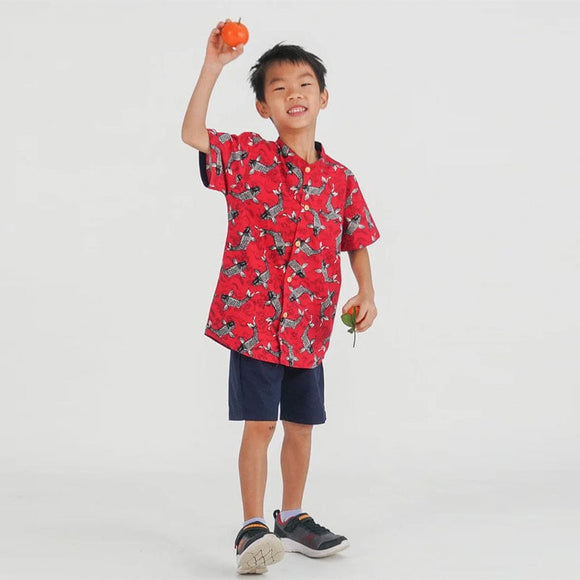 Mandarin Collar Boy Shirt - Lucky Koi Fish (Red)