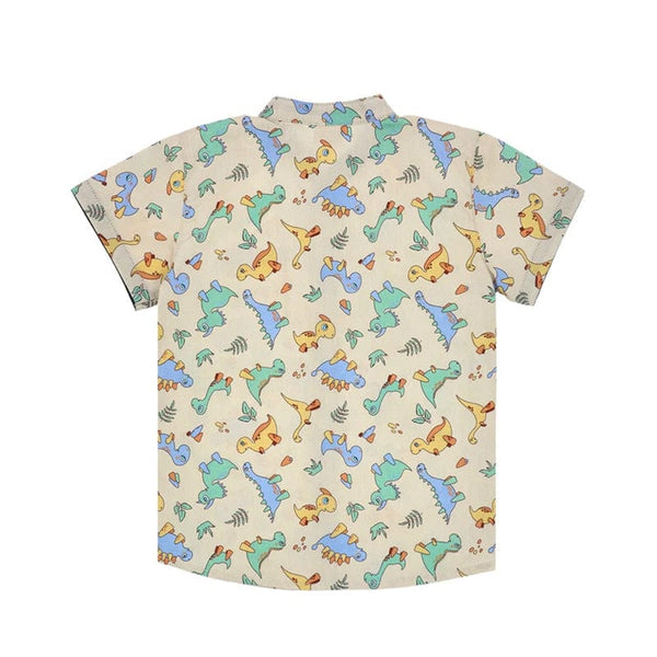 Mandarin Collar Shirt - Baby Dinosaurs (Beige)