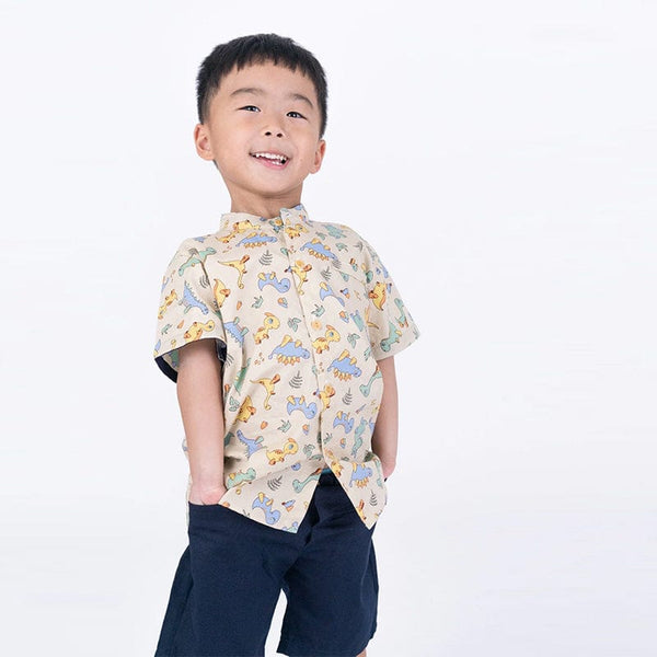 Mandarin Collar Shirt - Baby Dinosaurs (Beige)