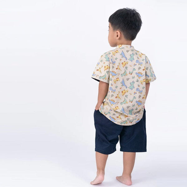 Mandarin Collar Shirt - Baby Dinosaurs (Beige)