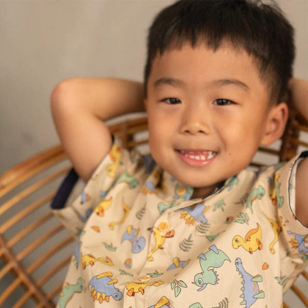 Mandarin Collar Shirt - Baby Dinosaurs (Beige)
