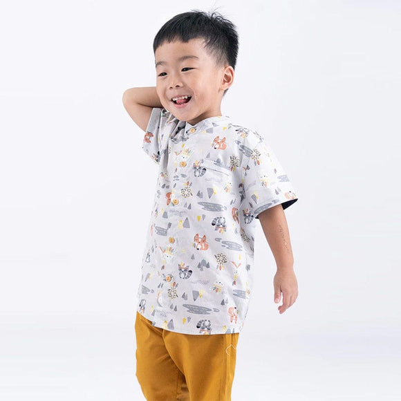 Mandarin Collar Boy Shirt - Tribal Racoons (Grey)