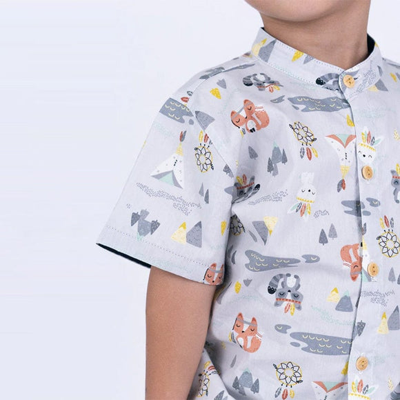 Mandarin Collar Boy Shirt - Tribal Racoons (Grey)