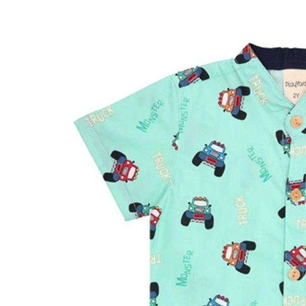 Mandarin Collar Boy Shirt - Monster Trucks (Mint Green)