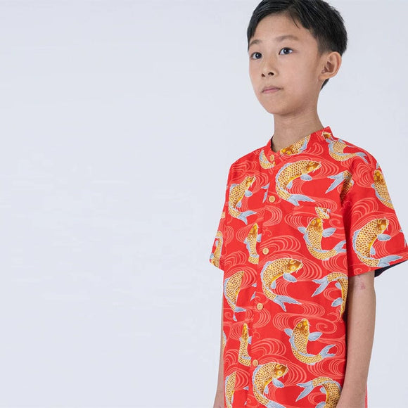 Mandarin Collar Boy Shirt - Prosperity Koi (Red)