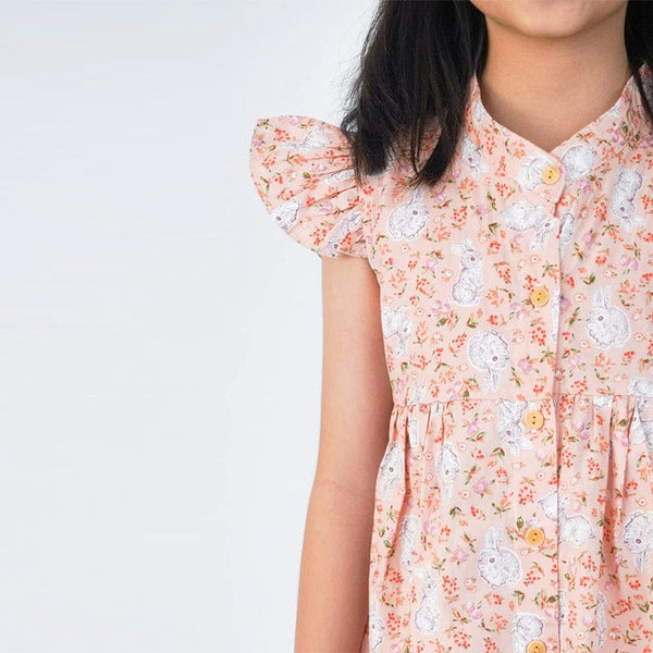 Ruffle Sleeve Button Down Bunny & Berries Girl Dress (Pink)