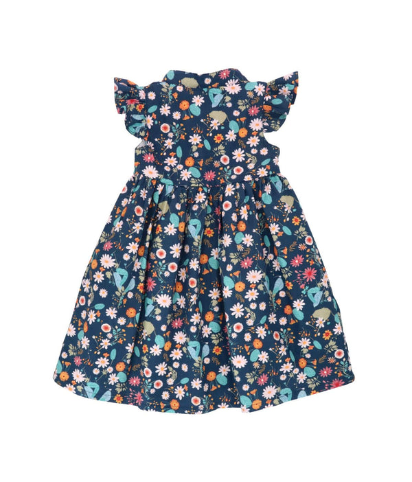 Ruffle Sleeve Button Down Gerberas & Daisies Girl Dress (Navy)