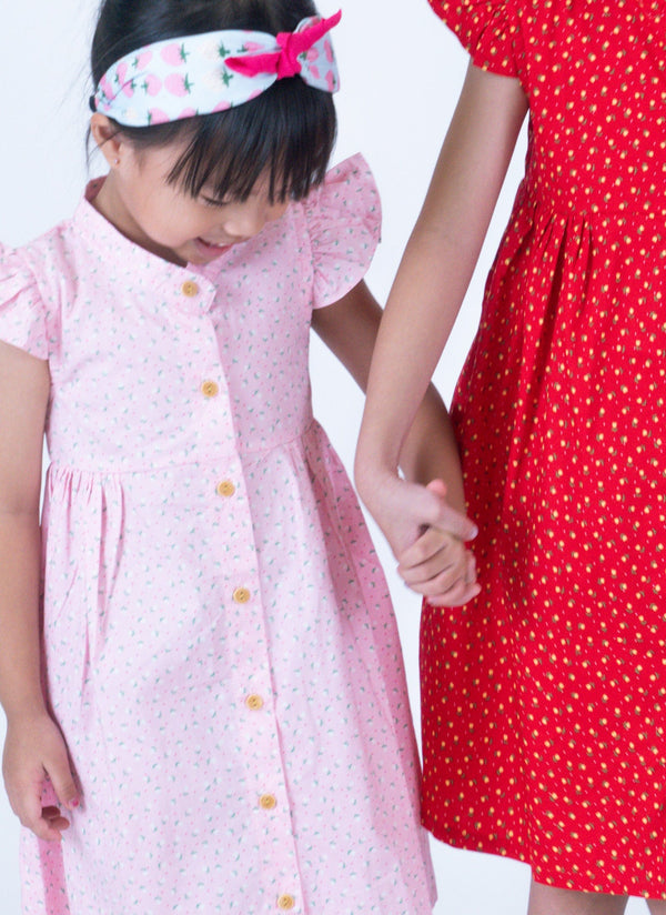 Ruffle Sleeve Button Down Petite Roses Dress (Pink)