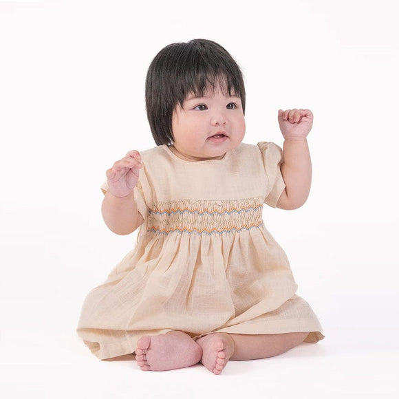 Sadie Linen Baby Girl Smocked Dress - (Beige)