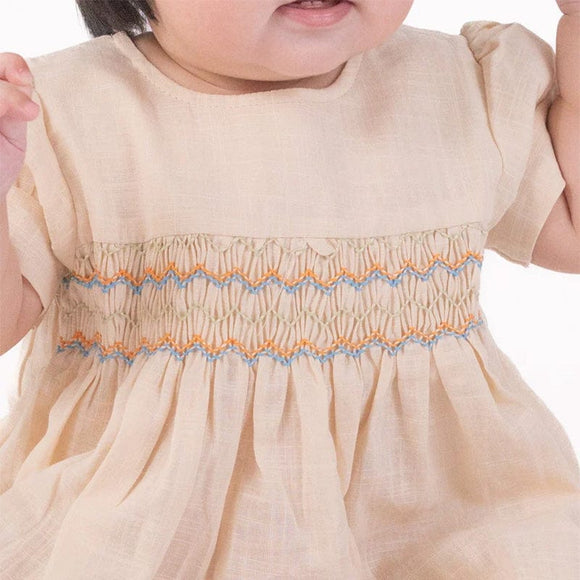 Sadie Linen Baby Girl Smocked Dress - (Beige)