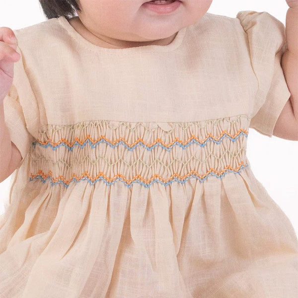 Sadie Linen Baby Girl Smocked Dress - (Beige)