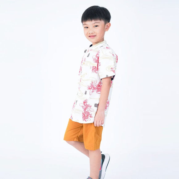 Mandarin Collar Shirt - Soaring Dragon (White)