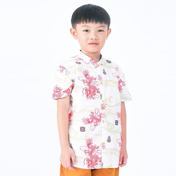 Mandarin Collar Shirt - Soaring Dragon (White)