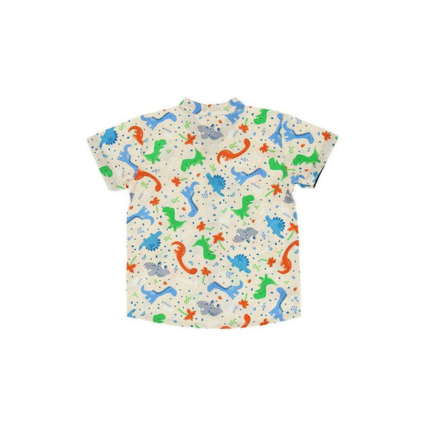 Mandarin Collar Boy Shirt - Stegosaurus Dino (Beige)