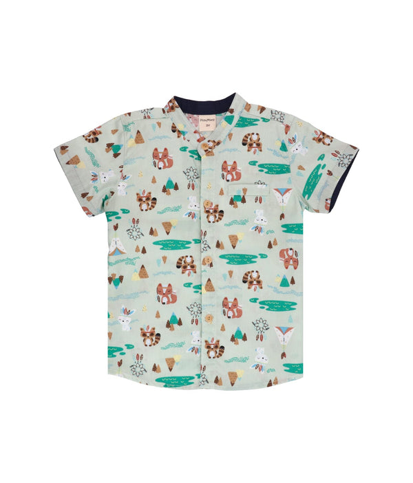 Mandarin Collar Shirt - Tribal Racoons (Mint Green)