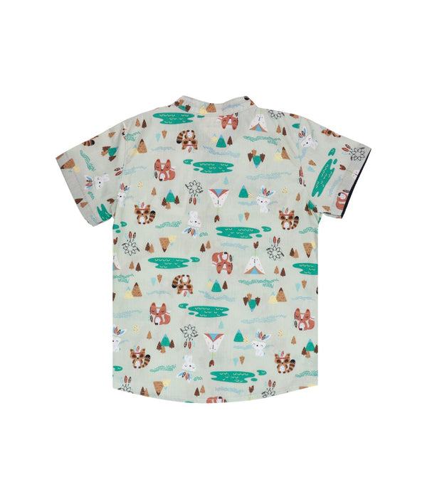 Mandarin Collar Shirt - Tribal Racoons (Mint Green)