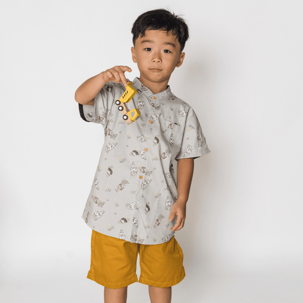 Boy Shirt Mandarin Collar - Bunny & Porcupine (Grey)