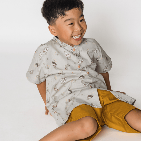 Boy Shirt Mandarin Collar - Bunny & Porcupine (Grey)
