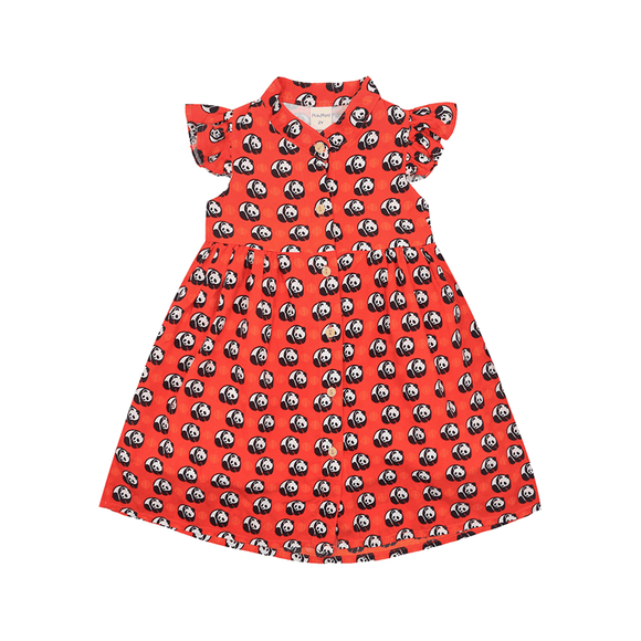 CNY Girl Dress Ruffle Sleeve Button Down Prosperity Pandas (Red)
