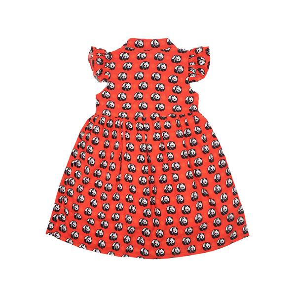 CNY Girl Dress Ruffle Sleeve Button Down Prosperity Pandas (Red)
