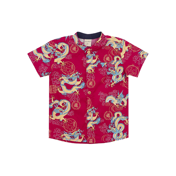 CNY Boy Shirt Mandarin Collar - Regal Dragon (Maroon)